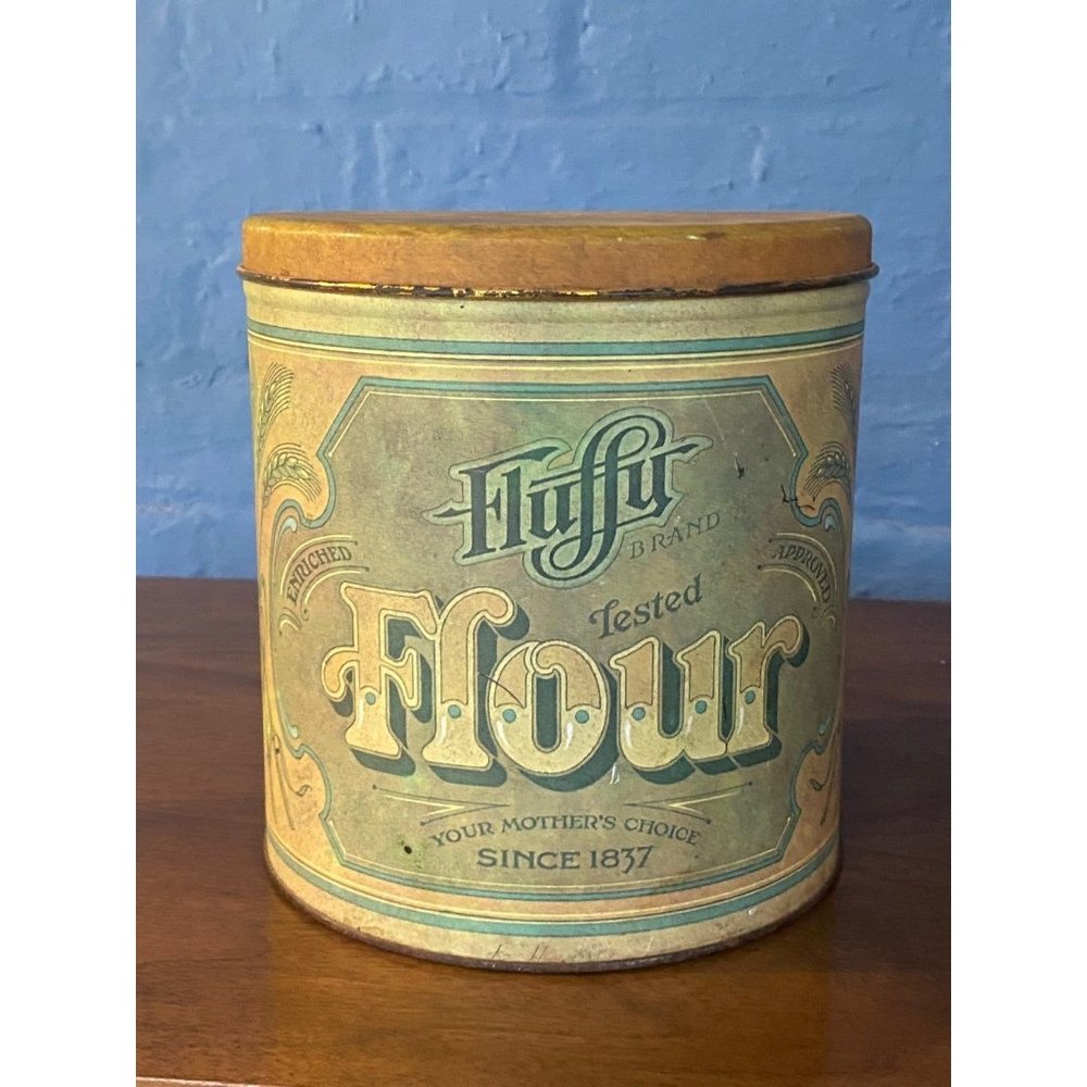 Vintage Fluffy Flour Tin Decor Prop 7.5” x 8” Green